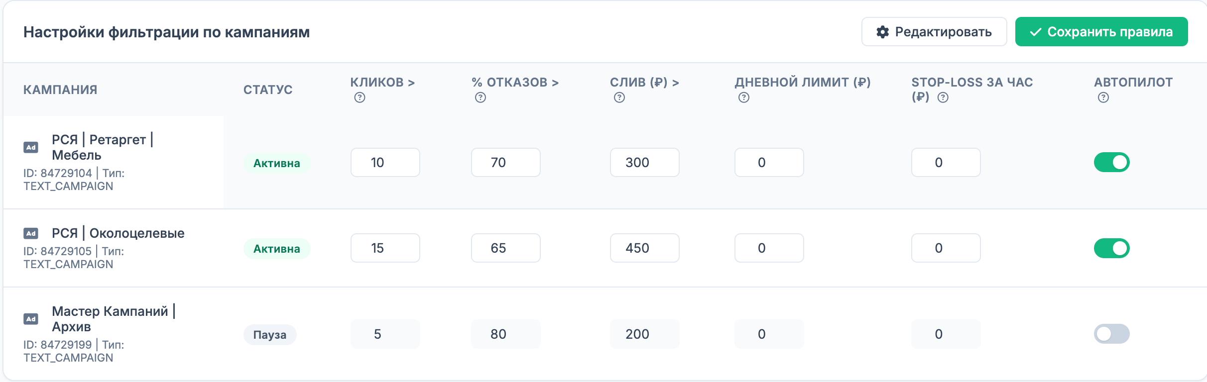 Правила блокировки в Yootap